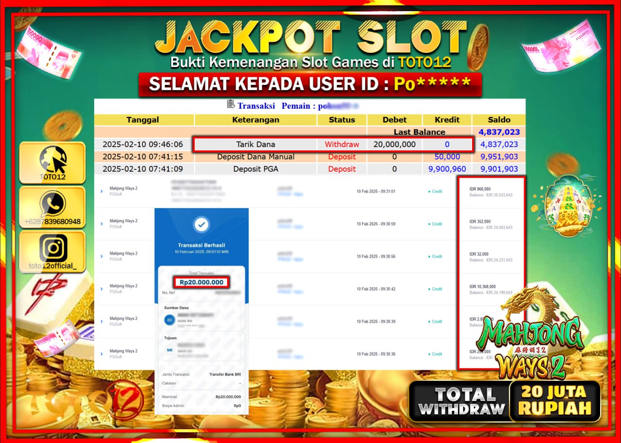 HANYA DI TOTO12 JP PASTI DI BAYAR LUNAS DAN CEPAT!!!!!! JACKPOT SLOT GAME (MAHJONG WAYS 2) Rp.20.000.000 !!!!