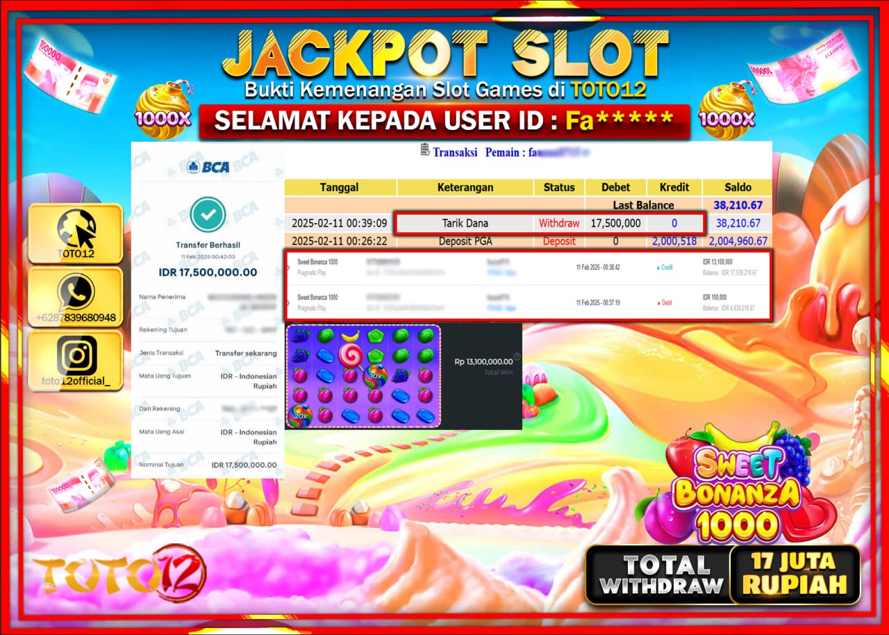 HANYA DI TOTO12 JP PASTI DI BAYAR LUNAS DAN CEPAT!!!!!! JACKPOT SLOT GAME (SWEET BONANZA 1000) Rp.17.000.000 !!!!