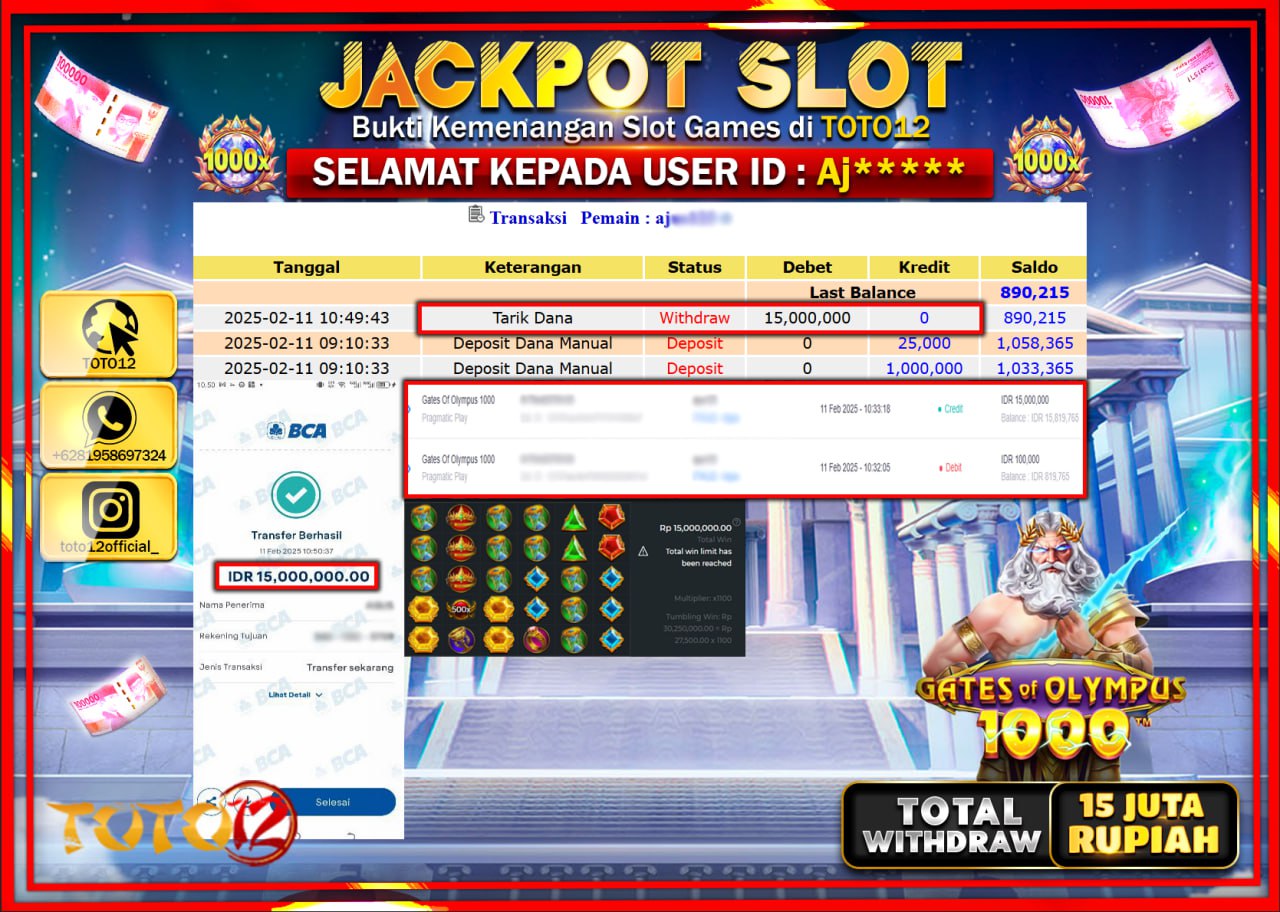 HANYA DI TOTO12 JP PASTI DI BAYAR LUNAS DAN CEPAT!!!!!! JACKPOT SLOT GAME (GATES OF OLYMPUS 1000) Rp.15.000.000 !!!!