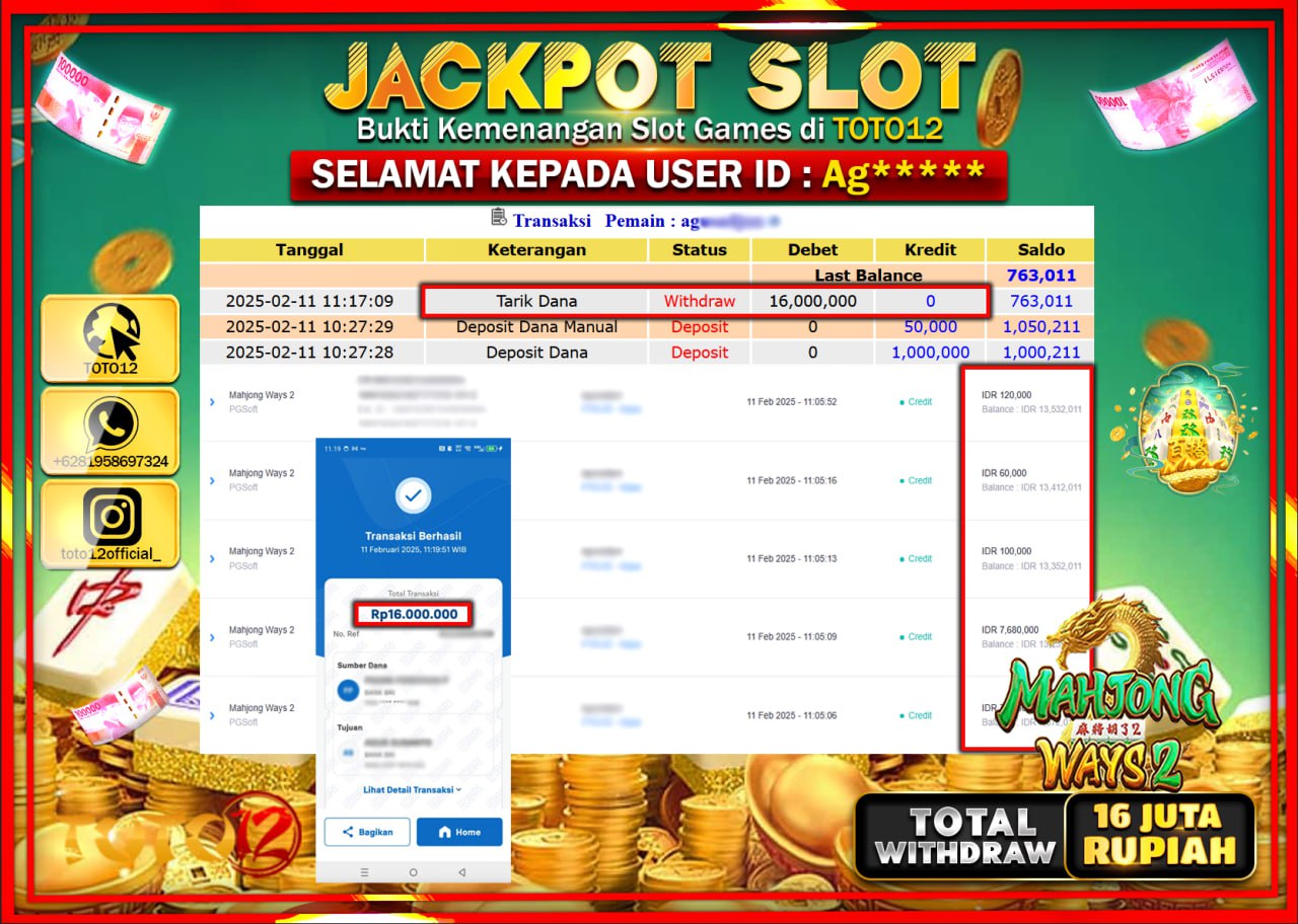HANYA DI TOTO12 JP PASTI DI BAYAR LUNAS DAN CEPAT!!!!!! JACKPOT SLOT GAME (MAHJONG WAYS 2) Rp.16.000.000 !!!!