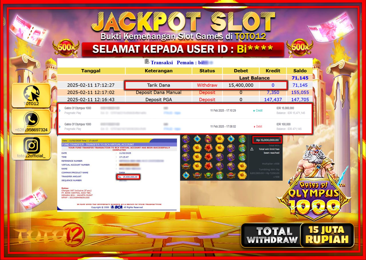 HANYA DI TOTO12 JP PASTI DI BAYAR LUNAS DAN CEPAT!!!!!! JACKPOT SLOT GAME (GATES OF OLYMPUS 1000) Rp.15.400.000 !!!!