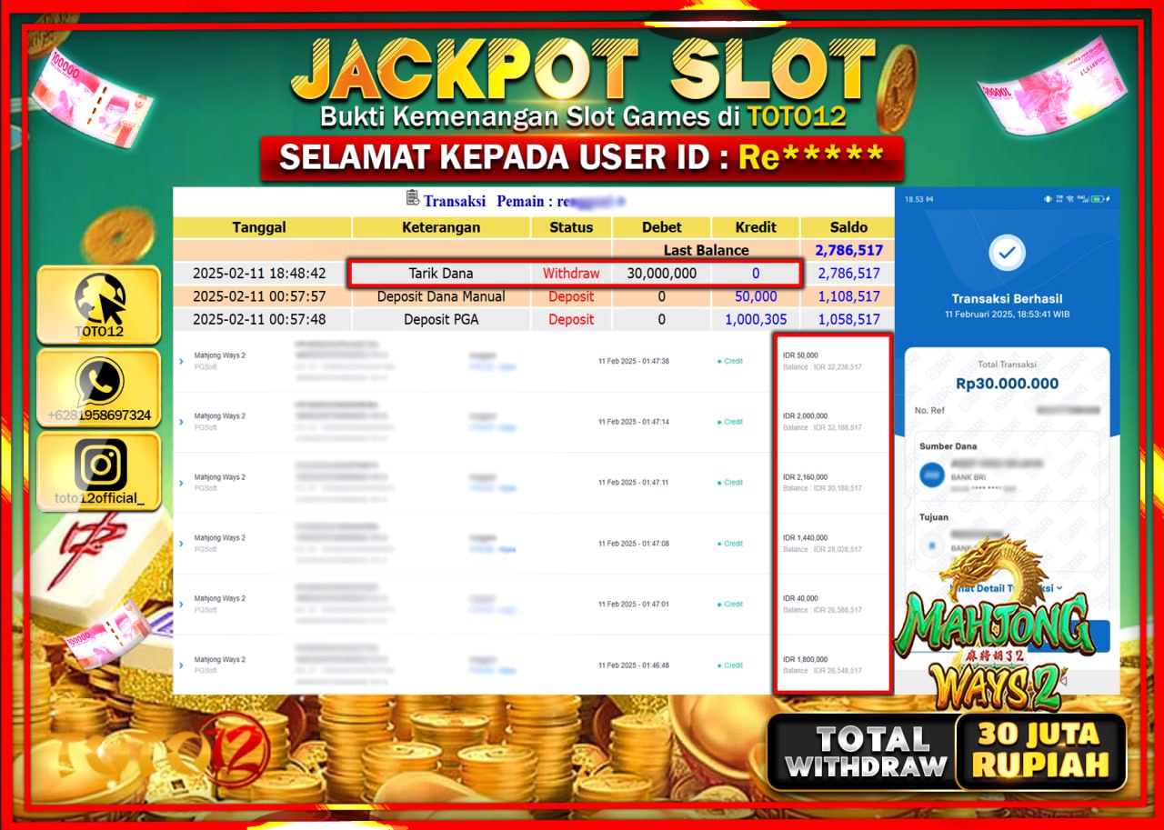 HANYA DI TOTO12 JP PASTI DI BAYAR LUNAS DAN CEPAT!!!!!! JACKPOT SLOT GAME (MAHJONG WAYS 2) Rp.30.000.000 !!!!