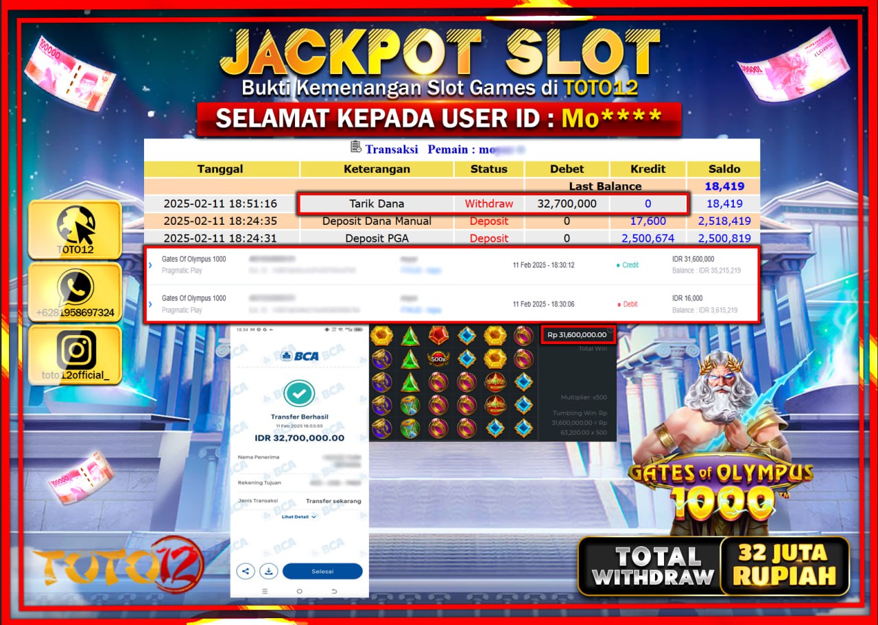 HANYA DI TOTO12 JP PASTI DI BAYAR LUNAS DAN CEPAT!!!!!! JACKPOT SLOT GAME (GATES OF OLYMPUS 1000) Rp.32.000.000 !!!!