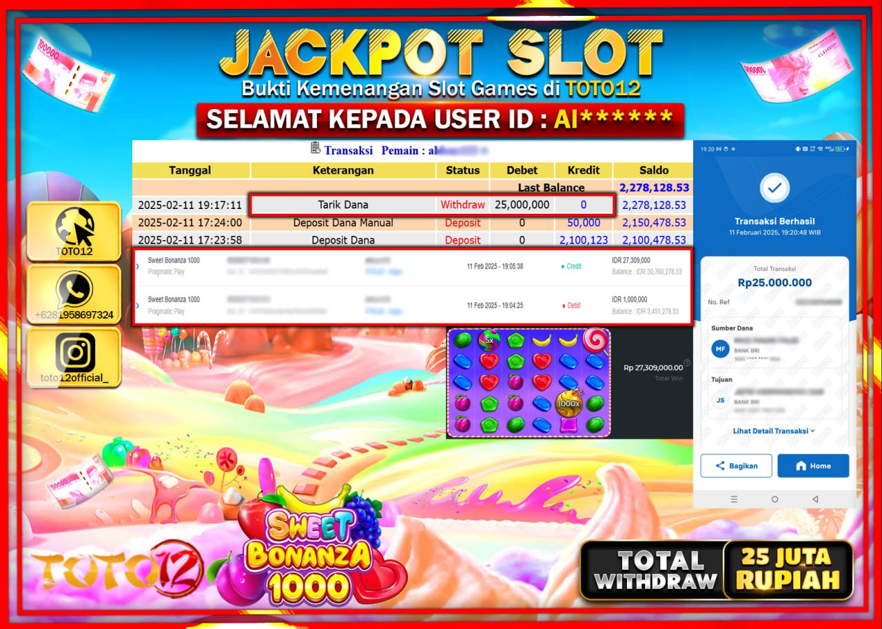 HANYA DI TOTO12 JP PASTI DI BAYAR LUNAS DAN CEPAT!!!!!! JACKPOT SLOT GAME (SWEET BONANZA 1000) Rp.25.000.000 !!!!