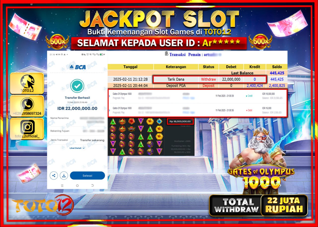 HANYA DI TOTO12 JP PASTI DI BAYAR LUNAS DAN CEPAT!!!!!! JACKPOT SLOT GAME (GATES OF OLYMPUS 1000) Rp.22.000.000 !!!!