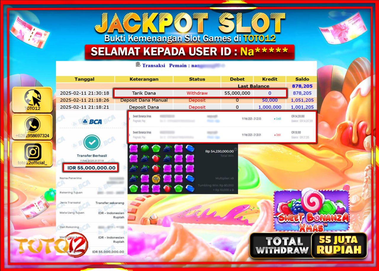 HANYA DI TOTO12 JP PASTI DI BAYAR LUNAS DAN CEPAT!!!!!! JACKPOT SLOT GAME (SWEET BONANZA XMAS) Rp.55.000.000 !!!!