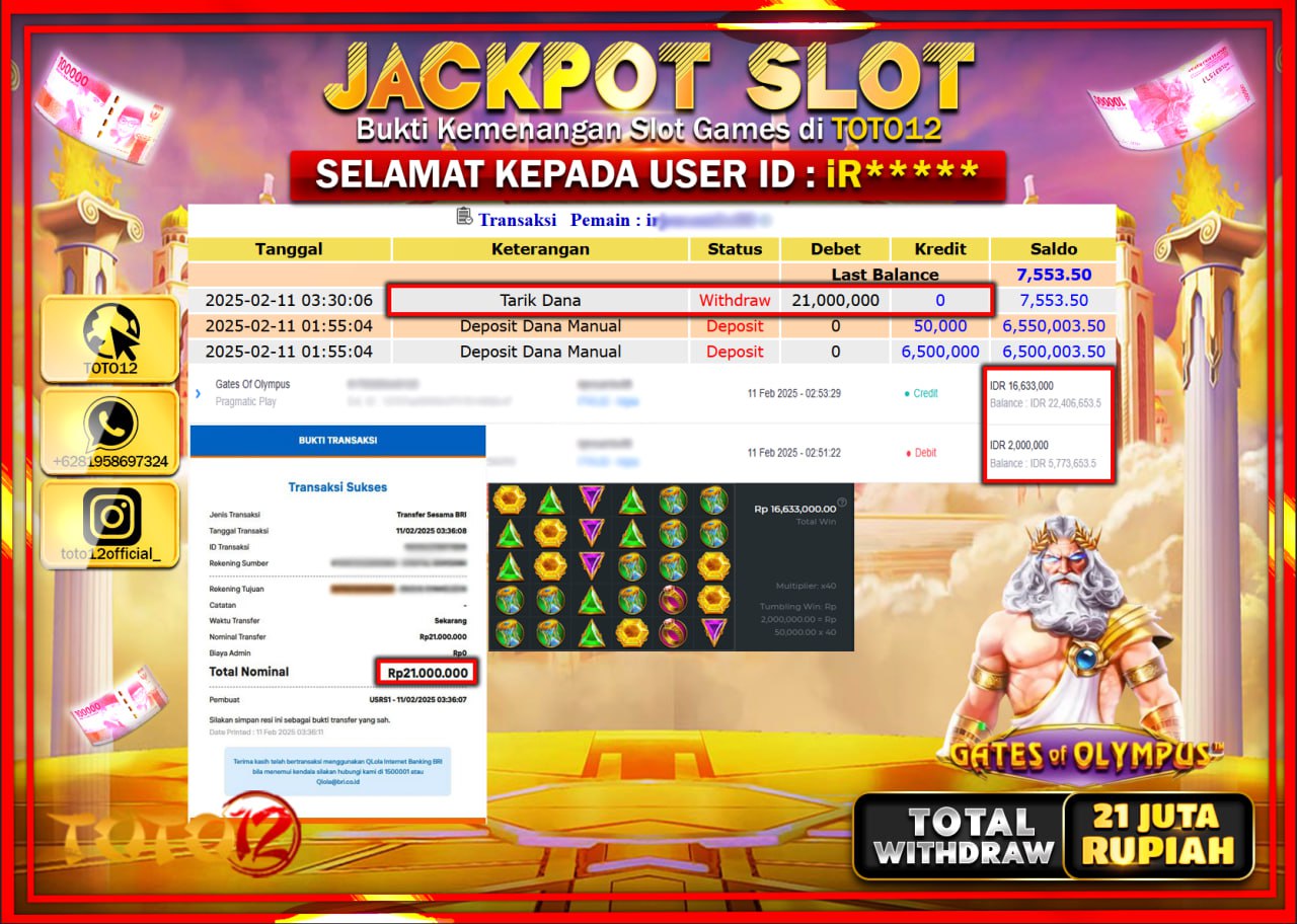HANYA DI TOTO12 JP PASTI DI BAYAR LUNAS DAN CEPAT!!!!!! JACKPOT SLOT GAME (GATES OF OLYMPUS) Rp.21.000.000 !!!!