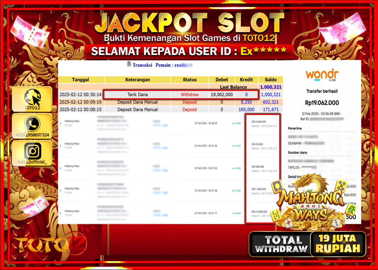 HANYA DI TOTO12 JP PASTI DI BAYAR LUNAS DAN CEPAT!!!!!! JACKPOT SLOT GAME (MAHJONG WAYS) Rp.19.000.000 !!!!