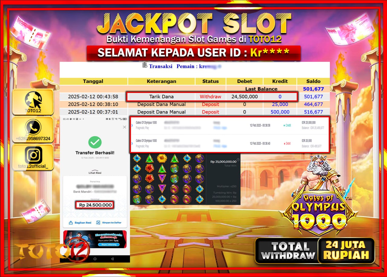 HANYA DI TOTO12 JP PASTI DI BAYAR LUNAS DAN CEPAT!!!!!! JACKPOT SLOT GAME (GATES OF OLYMPUS 1000) Rp.24.000.000 !!!!