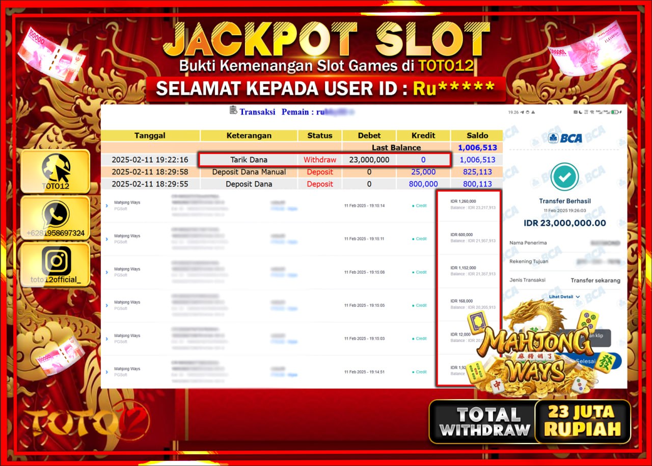 HANYA DI TOTO12 JP PASTI DI BAYAR LUNAS DAN CEPAT!!!!!! JACKPOT SLOT GAME (MAHJONG WAYS) Rp.23.000.000 !!!!