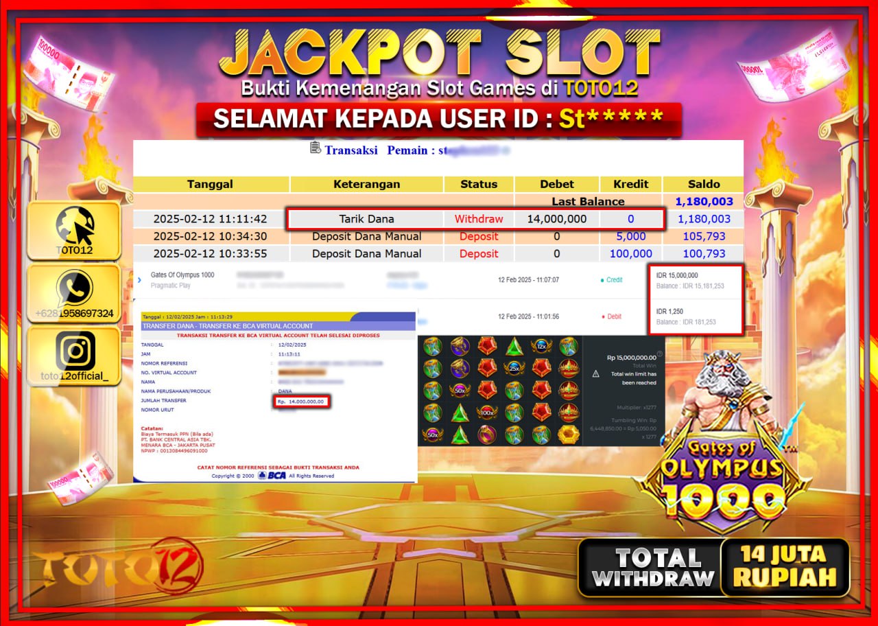 HANYA DI TOTO12 JP PASTI DI BAYAR LUNAS DAN CEPAT!!!!!! JACKPOT SLOT GAME (GATES OF OLYMPUS 1000) Rp.14.000.000 !!!!