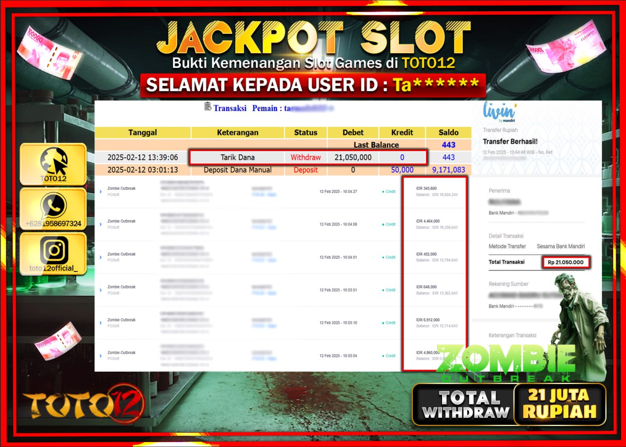 HANYA DI TOTO12 JP PASTI DI BAYAR LUNAS DAN CEPAT!!!!!! JACKPOT SLOT GAME (ZOMBIE OUTBREAK) Rp.21.000.000 !!!!