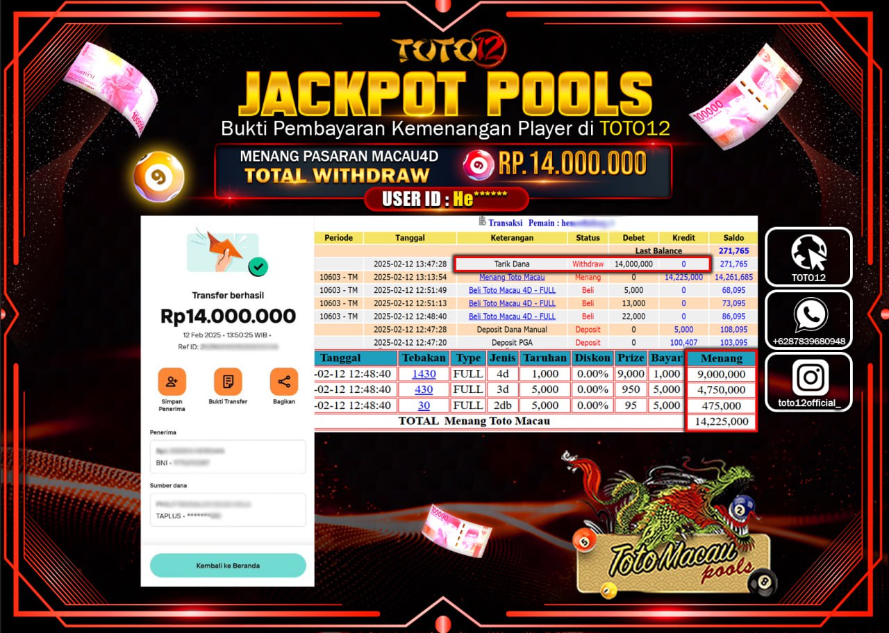 HANYA DI TOTO12 JP PASTI DI BAYAR LUNAS DAN CEPAT!!!!!! JACKPOT POOLS (TOTO MACAU) Rp.14.000.000 !!!!