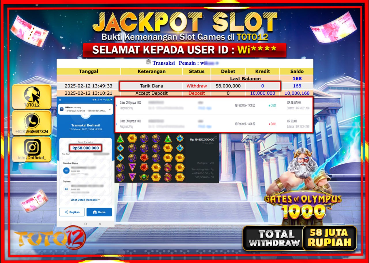 HANYA DI TOTO12 JP PASTI DI BAYAR LUNAS DAN CEPAT!!!!!! JACKPOT SLOT GAME (GATES OF OLYMPUS 1000) Rp.58.000.000 !!!!