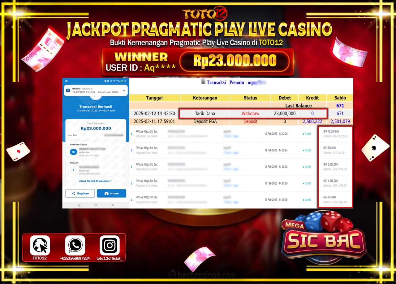 HANYA DI TOTO12 JP PASTI DI BAYAR LUNAS DAN CEPAT!!!!!! JACKPOT PRAGMATIC PLAY LIVE CASINO (MEGA SIC BAC) Rp.23.000.000 !!!!