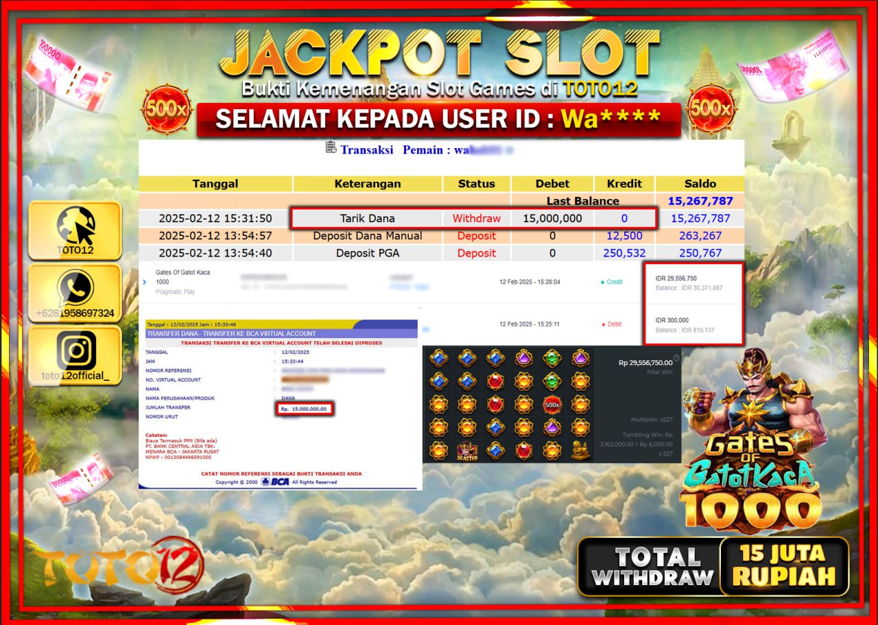 HANYA DI TOTO12 JP PASTI DI BAYAR LUNAS DAN CEPAT!!!!!! JACKPOT SLOT GAME (GATES OF GATOT KACA 1000) Rp.15.000.000 !!!!