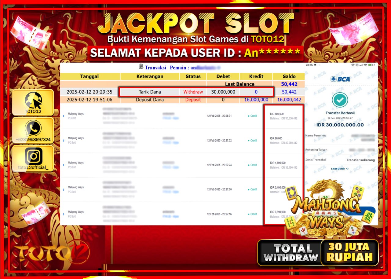 HANYA DI TOTO12 JP PASTI DI BAYAR LUNAS DAN CEPAT!!!!!! JACKPOT SLOT GAME (MAHJONG WAYS) Rp.30.000.000 !!!!