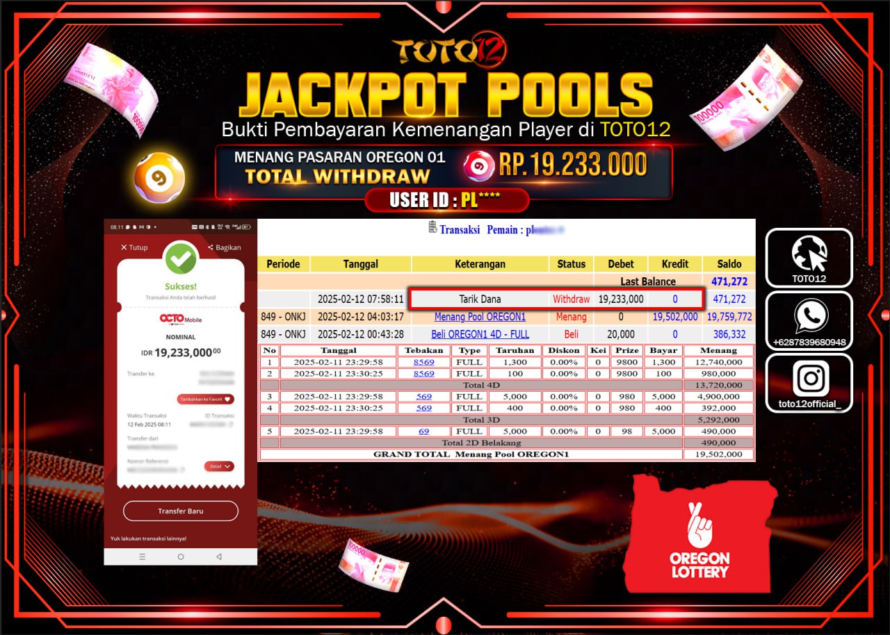HANYA DI TOTO12 JP PASTI DI BAYAR LUNAS DAN CEPAT!!!!!! JACKPOT POOLS (OREGON LOTTERY) Rp.19.233.000 !!!!