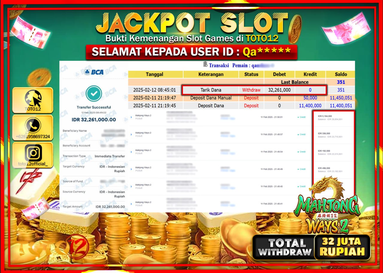 HANYA DI TOTO12 JP PASTI DI BAYAR LUNAS DAN CEPAT!!!!!! JACKPOT SLOT GAME (MAHJONG WAYS 2) Rp.32.000.000 !!!!