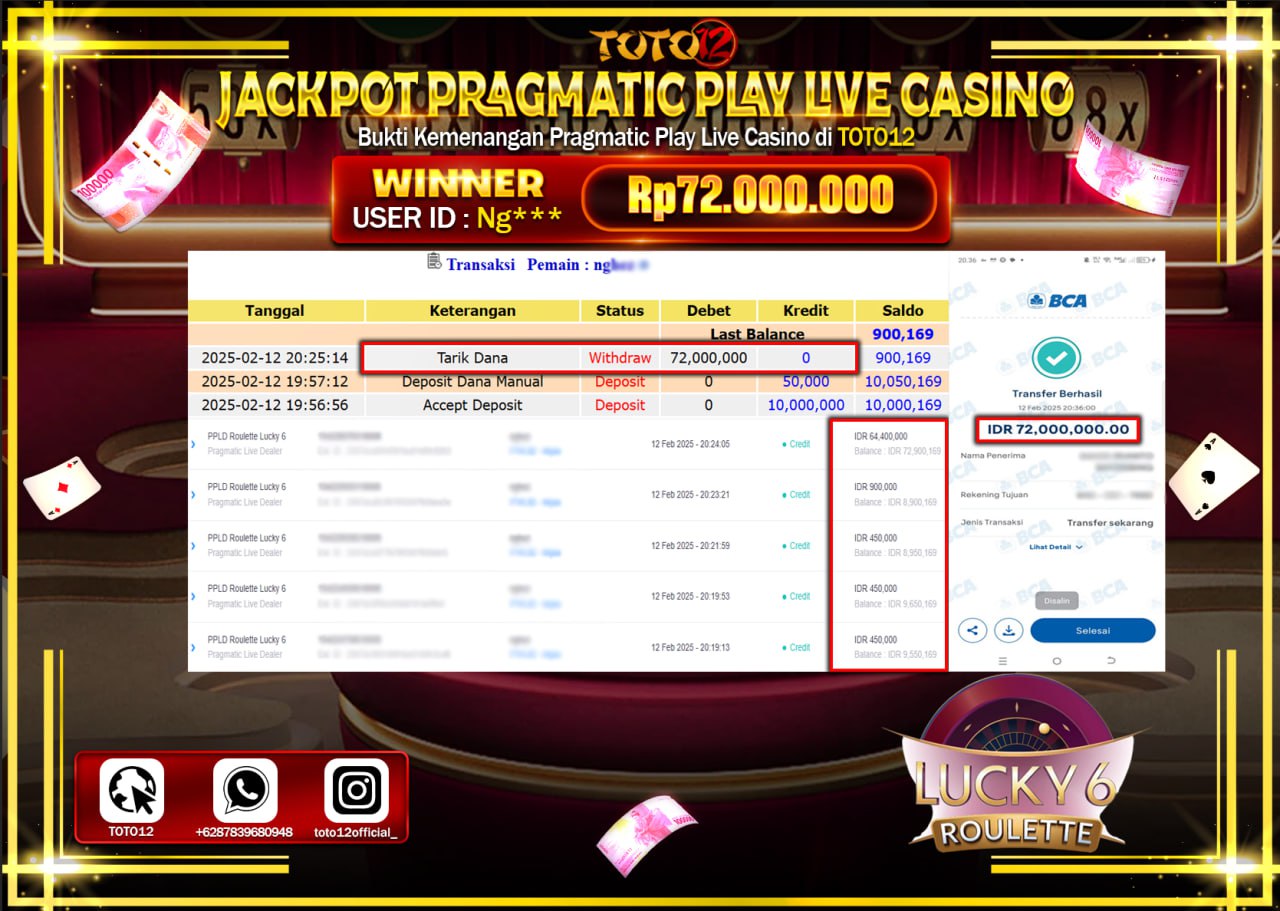 HANYA DI TOTO12 JP PASTI DI BAYAR LUNAS DAN CEPAT!!!!!! JACKPOT PRAGMATIC PLAY LIVE CASINO (ROULETTE) Rp.72.000.000 !!!!