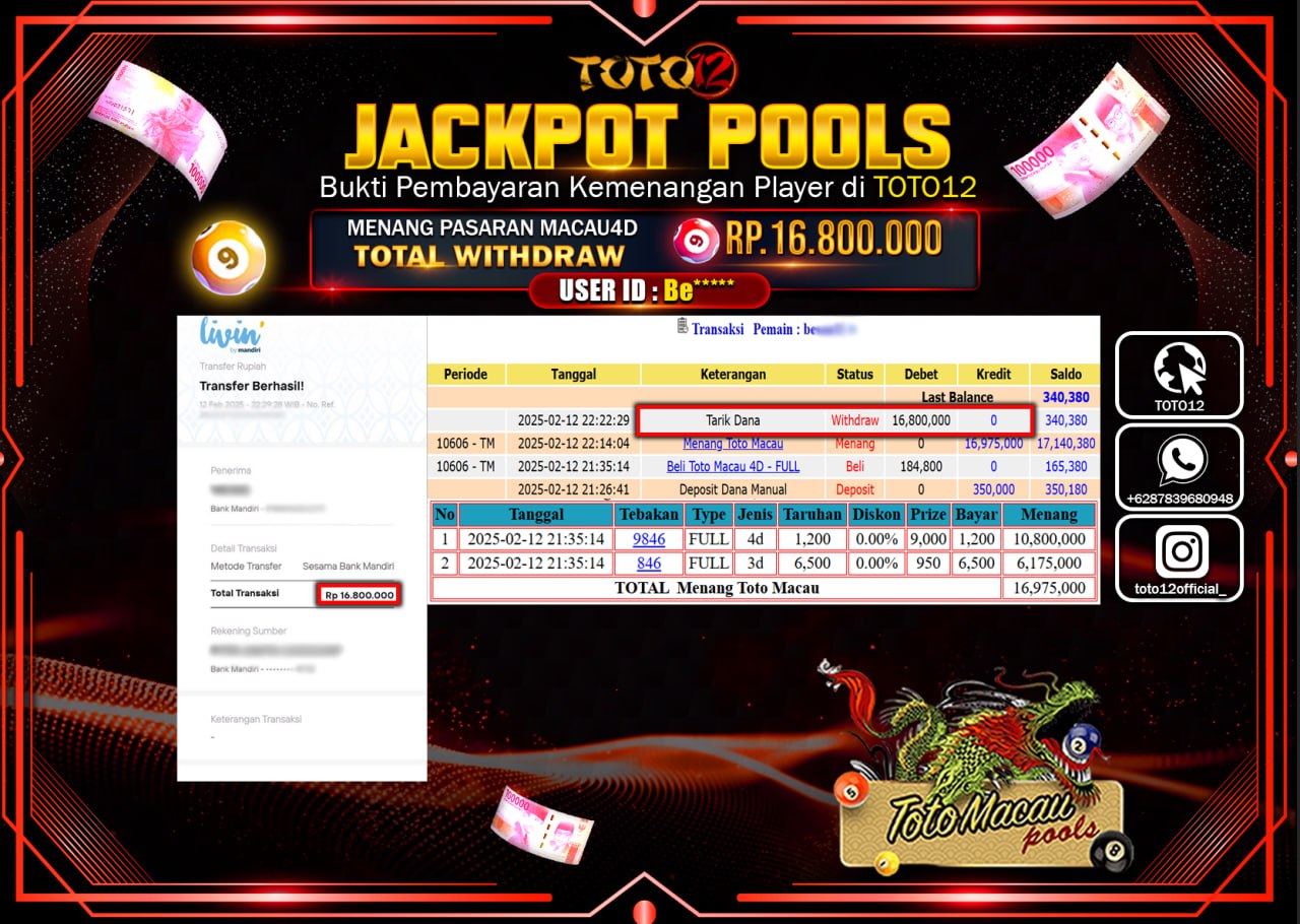 HANYA DI TOTO12 JP PASTI DI BAYAR LUNAS DAN CEPAT!!!!!! JACKPOT POOLS (TOTO MACAU) Rp.16.800.000 !!!!