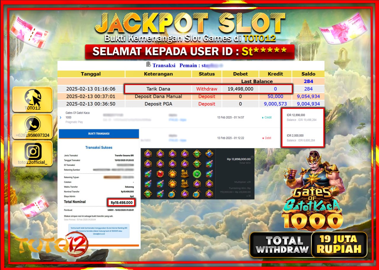 HANYA DI TOTO12 JP PASTI DI BAYAR LUNAS DAN CEPAT!!!!!! JACKPOT SLOT GAME (GATES OF GATOT KACA 1000) Rp.19.498.000 !!!!