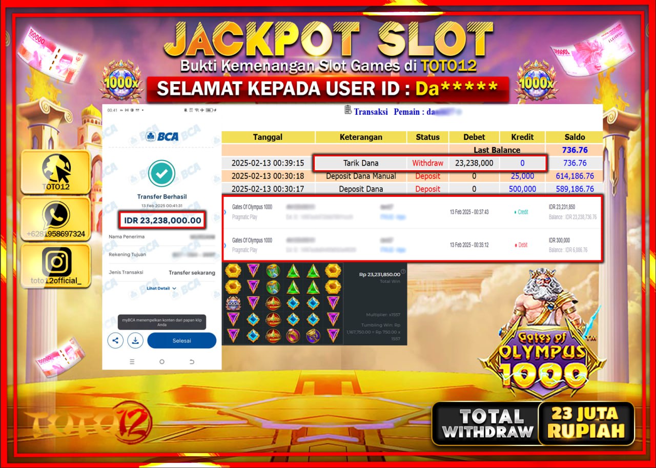 HANYA DI TOTO12 JP PASTI DI BAYAR LUNAS DAN CEPAT!!!!!! JACKPOT SLOT GAME (GATES OF OLYMPUS 1000) Rp.23.000.000 !!!!
