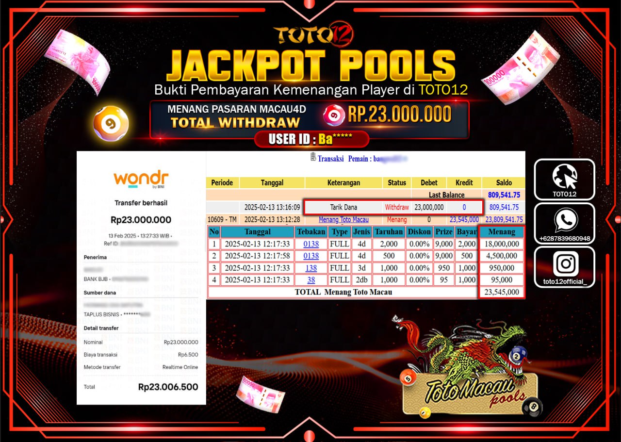 HANYA DI TOTO12 JP PASTI DI BAYAR LUNAS DAN CEPAT!!!!!! JACKPOT POOLS (TOTO MACAU) Rp.23.000.000 !!!!
