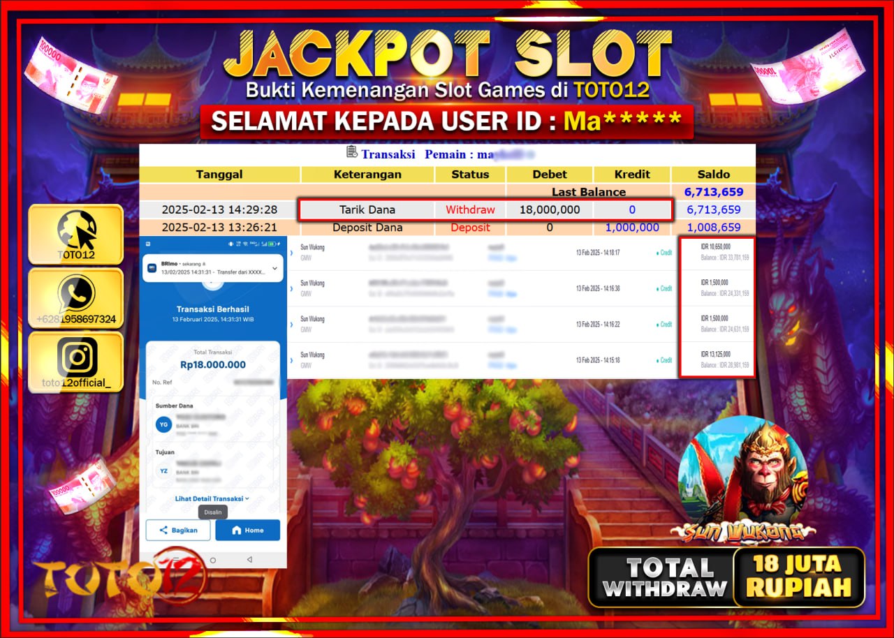 HANYA DI TOTO12 JP PASTI DI BAYAR LUNAS DAN CEPAT!!!!!! JACKPOT SLOT GAME (SUN WUKONG) Rp.18.000.000 !!!!