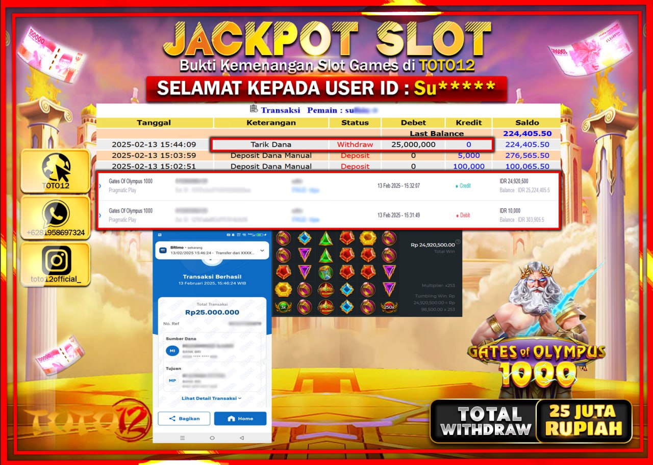 HANYA DI TOTO12 JP PASTI DI BAYAR LUNAS DAN CEPAT!!!!!! JACKPOT SLOT GAME (GATES OF OLYMPUS 1000) Rp.25.000.000 !!!!