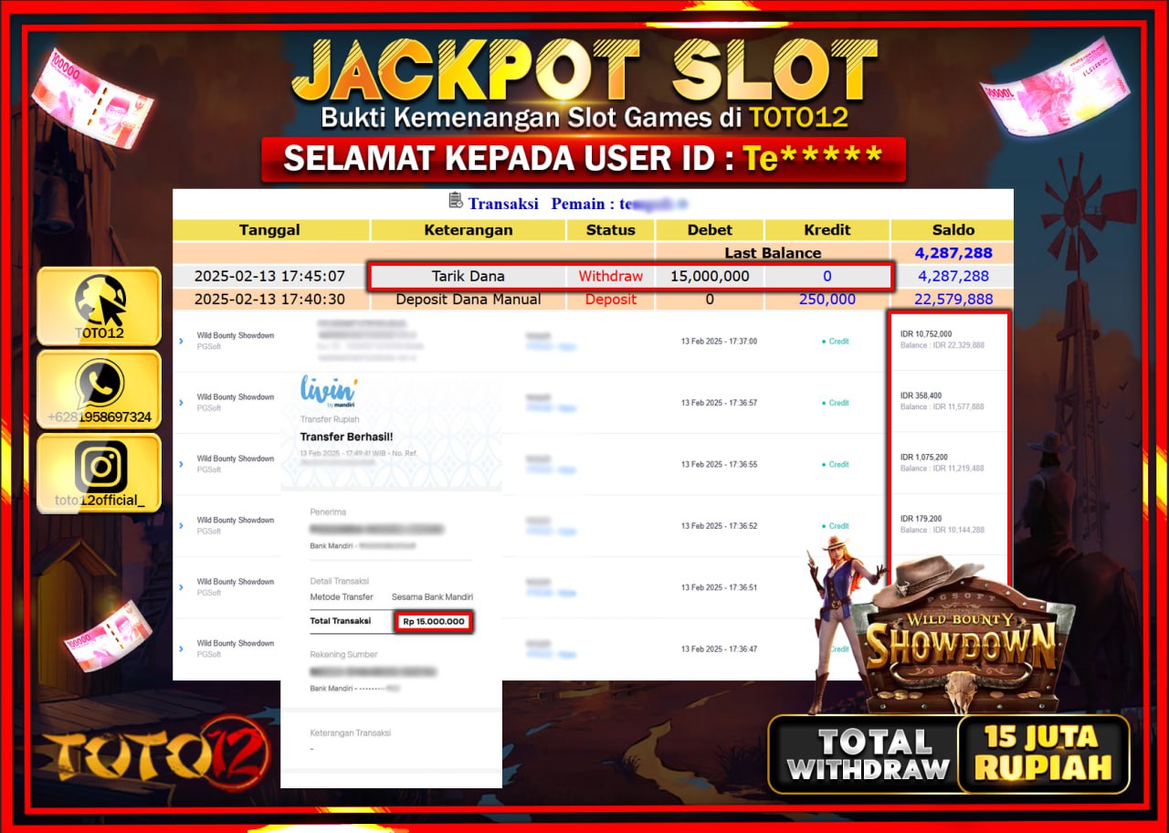 HANYA DI TOTO12 JP PASTI DI BAYAR LUNAS DAN CEPAT!!!!!! JACKPOT SLOT GAME (WILD BOUNTY SHOWDOWN) Rp.15.000.000 !!!!