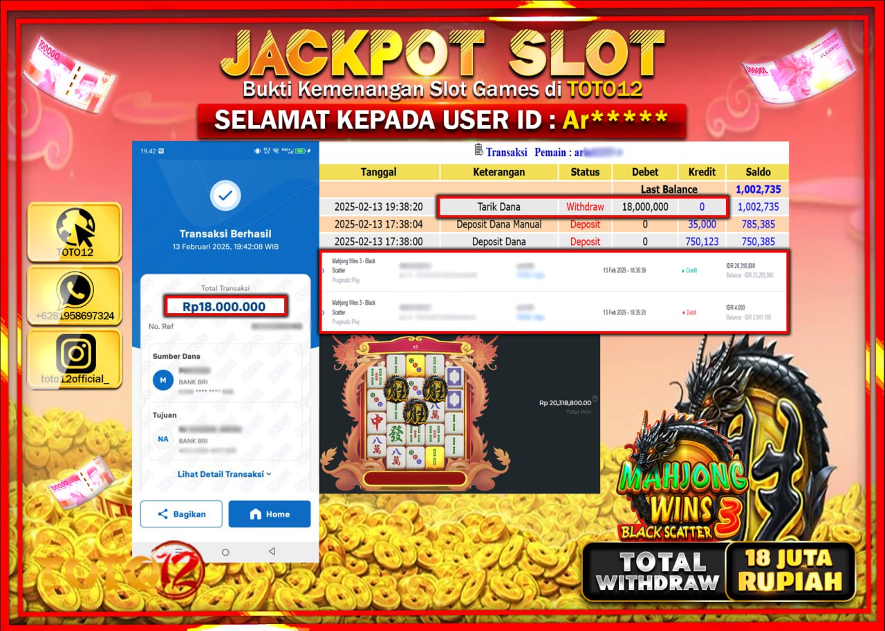 HANYA DI TOTO12 JP PASTI DI BAYAR LUNAS DAN CEPAT!!!!!! JACKPOT SLOT GAME (MAHJONG WINS 3 BLACK) Rp.18.000.000 !!!!