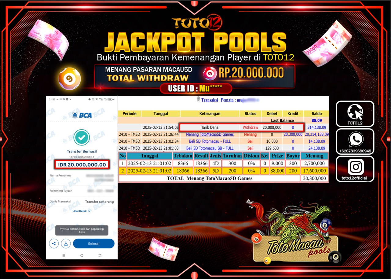 HANYA DI TOTO12 JP PASTI DI BAYAR LUNAS DAN CEPAT!!!!!! JACKPOT POOLS (TOTO MACAU) Rp.20.000.000 !!!!