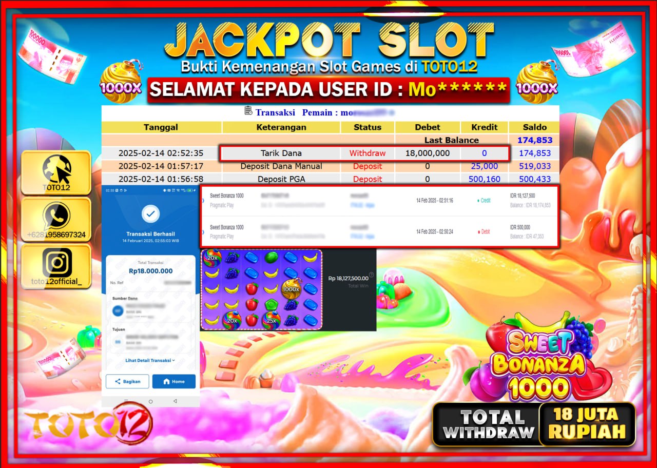 HANYA DI TOTO12 JP PASTI DI BAYAR LUNAS DAN CEPAT!!!!!! JACKPOT SLOT GAME (SWEET BONANZA 1000) Rp.18.000.000 !!!!