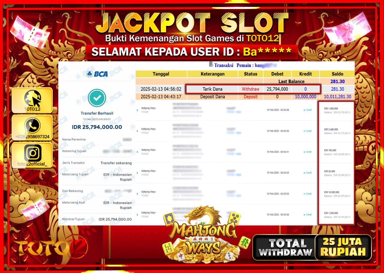 HANYA DI TOTO12 JP PASTI DI BAYAR LUNAS DAN CEPAT!!!!!! JACKPOT SLOT GAME (MAHJONG WAYS) Rp.25.749.000 !!!!
