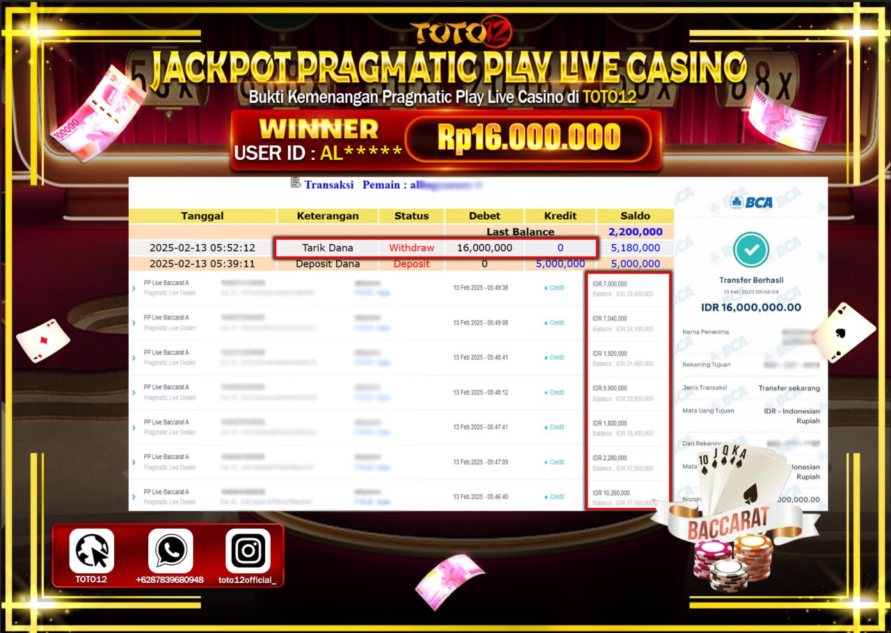 HANYA DI TOTO12 JP PASTI DI BAYAR LUNAS DAN CEPAT!!!!!! JACKPOT PRAGMATIC PLAY LIVE CASINO (BACCARAT) Rp.16.000.000 !!!!