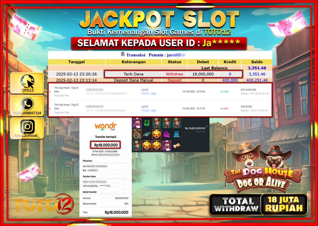 HANYA DI TOTO12 JP PASTI DI BAYAR LUNAS DAN CEPAT!!!!!! JACKPOT SLOT GAME (THE DOG HOUSE) Rp.18.000.000 !!!!