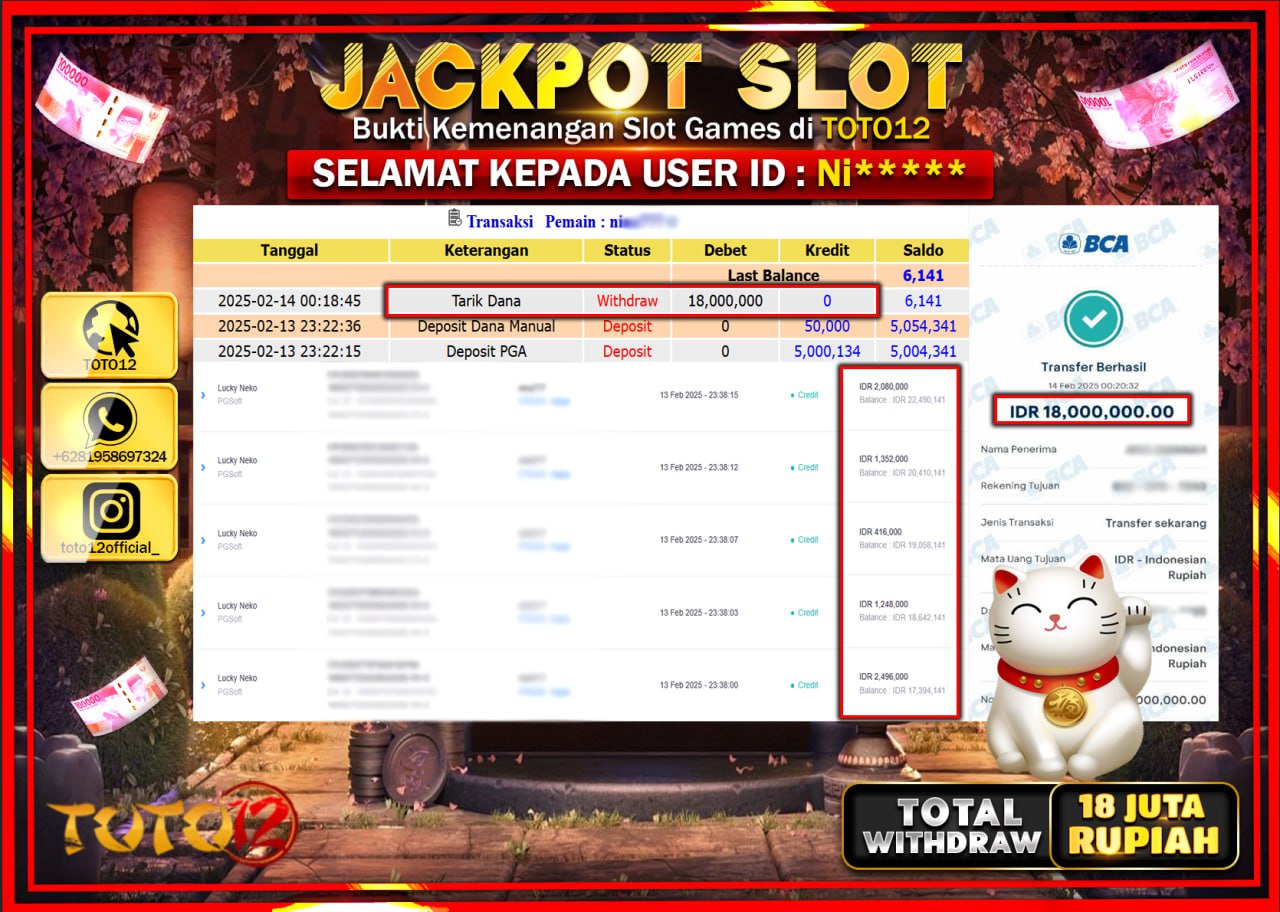 HANYA DI TOTO12 JP PASTI DI BAYAR LUNAS DAN CEPAT!!!!!! JACKPOT SLOT GAME (LUCKY NEKO) Rp.18.000.000 !!!!