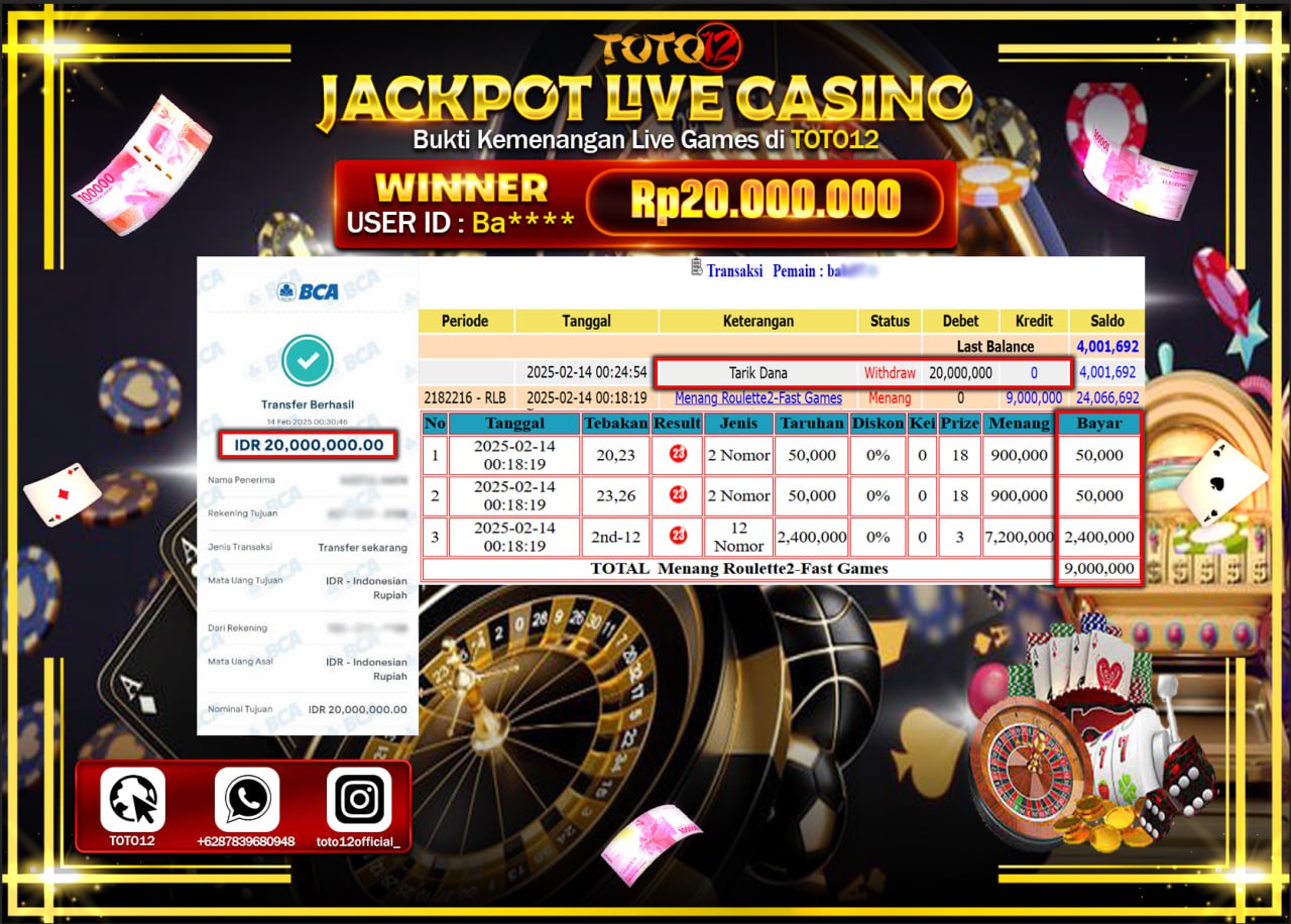 HANYA DI TOTO12 JP PASTI DI BAYAR LUNAS DAN CEPAT!!!!!! JACKPOT LIVE CASINO (ROULETTE 2) Rp.20.000.000 !!!!
