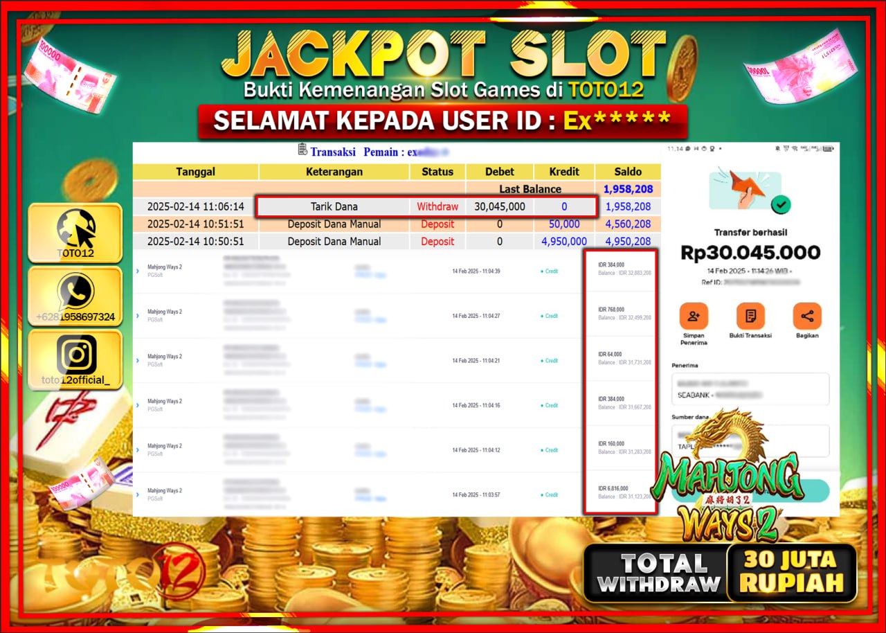 HANYA DI TOTO12 JP PASTI DI BAYAR LUNAS DAN CEPAT!!!!!! JACKPOT SLOT GAME (MAHJONG WAYS 2) Rp.30.045.000 !!!!