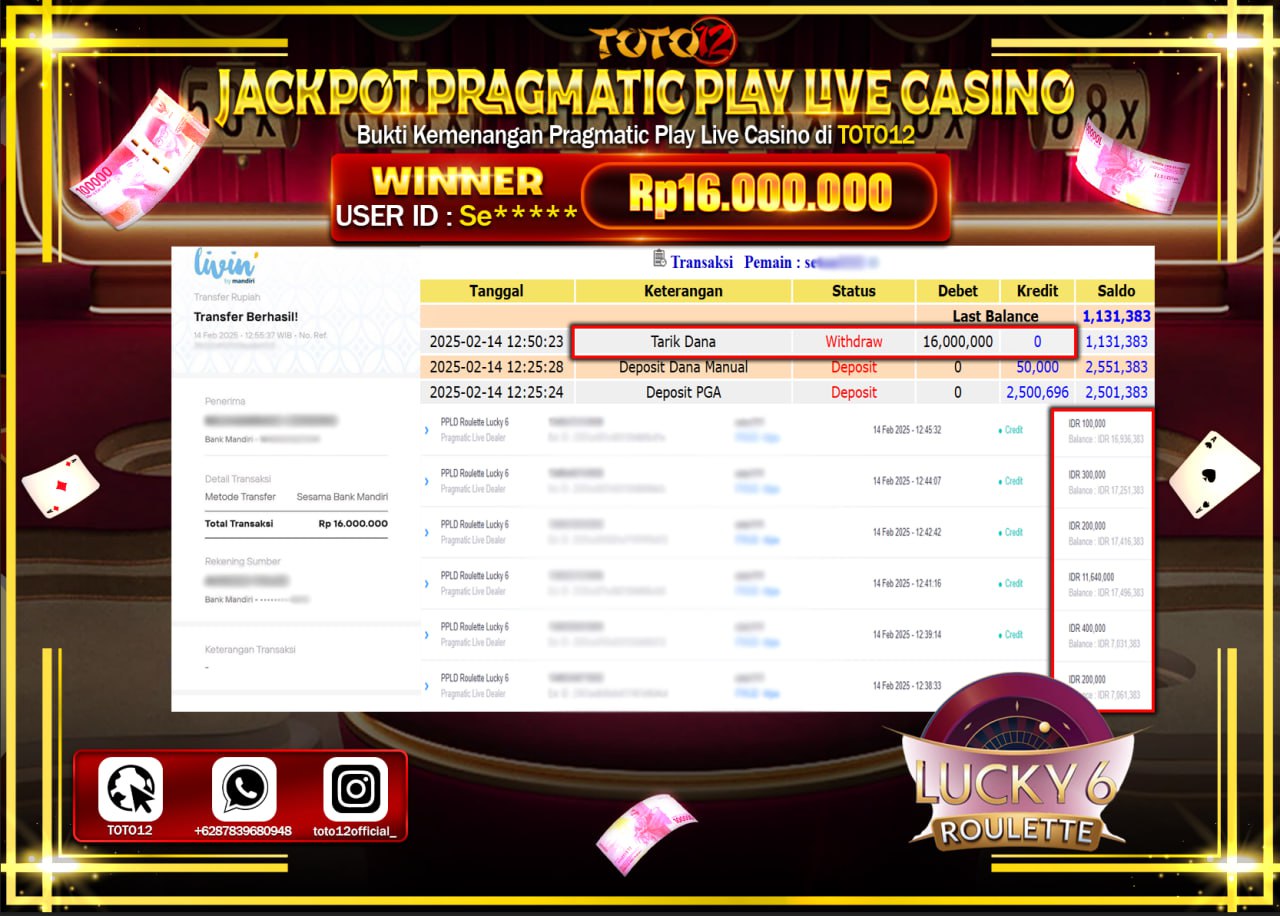 HANYA DI TOTO12 JP PASTI DI BAYAR LUNAS DAN CEPAT!!!!!! JACKPOT PRAGMATIC PLAY LIVE CASINO (LUCKY 6 ROULETTE) Rp.16.000.000 !!!!