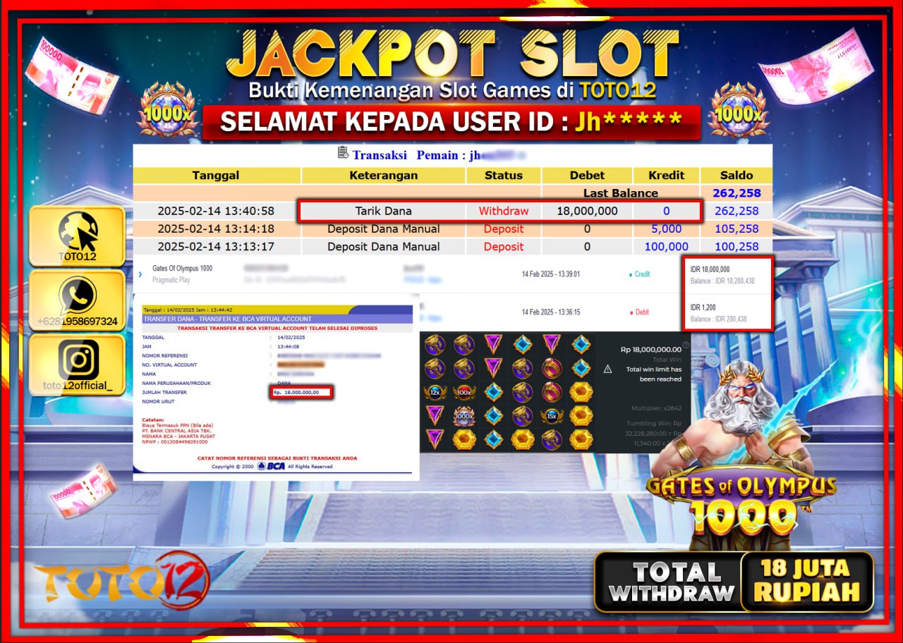 HANYA DI TOTO12 JP PASTI DI BAYAR LUNAS DAN CEPAT!!!!!! JACKPOT SLOT GAME (GATES OF OLYMPUS 1000) Rp.18.000.000 !!!!