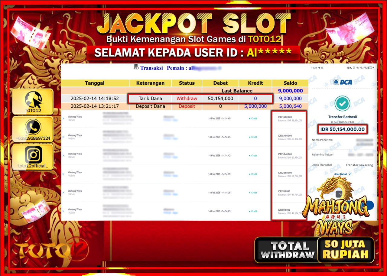 HANYA DI TOTO12 JP PASTI DI BAYAR LUNAS DAN CEPAT!!!!!! JACKPOT SLOT GAME (MAHJONG WAYS) Rp.50.154.000 !!!!