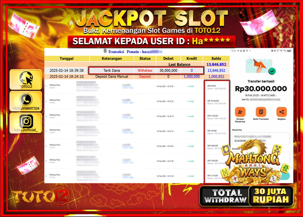 HANYA DI TOTO12 JP PASTI DI BAYAR LUNAS DAN CEPAT!!!!!! JACKPOT SLOT GAME (MAHJONG WAYS) Rp.30.000.000 !!!!