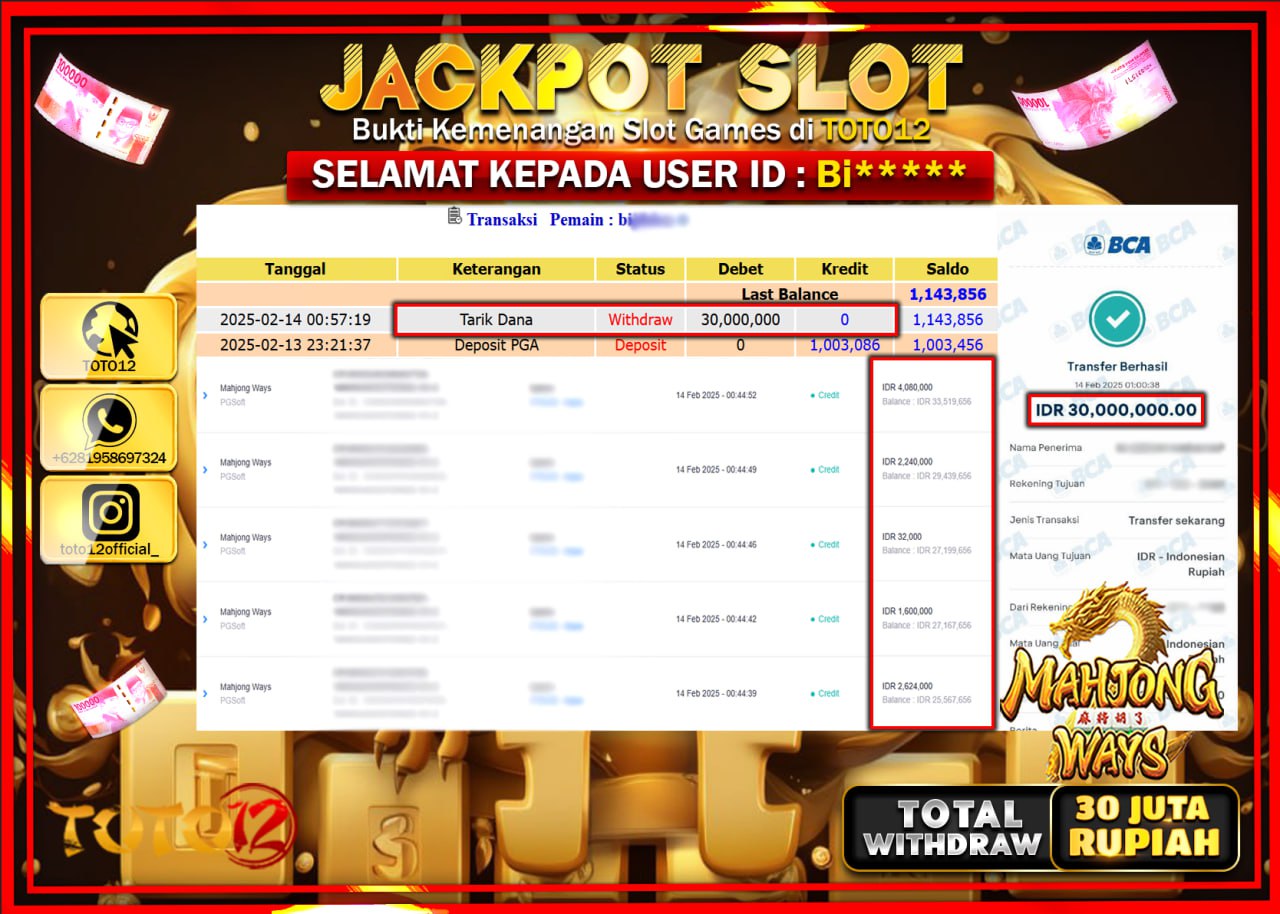 HANYA DI TOTO12 JP PASTI DI BAYAR LUNAS DAN CEPAT!!!!!! JACKPOT SLOT GAME (MAHJONG WAYS) Rp.30.000.000 !!!!