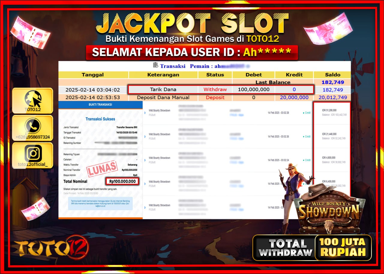 HANYA DI TOTO12 JP PASTI DI BAYAR LUNAS DAN CEPAT!!!!!! JACKPOT SLOT GAME (WILD BOUNTY SHOWDOWN) Rp.100.000.000 !!!!