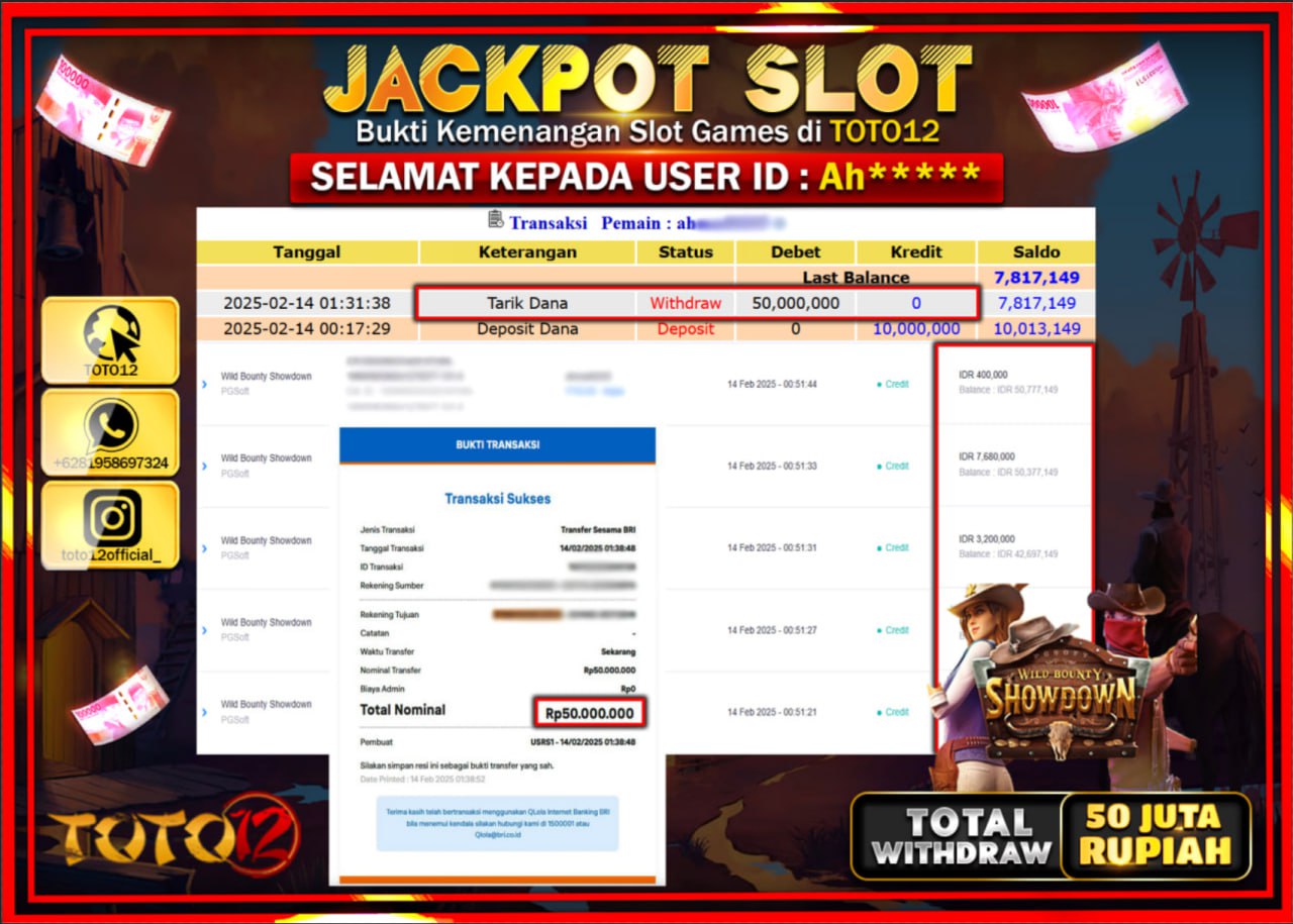 HANYA DI TOTO12 JP PASTI DI BAYAR LUNAS DAN CEPAT!!!!!! JACKPOT SLOT GAME (WILD BOUNTY SHOWDOWN) Rp.50.000.000 !!!!