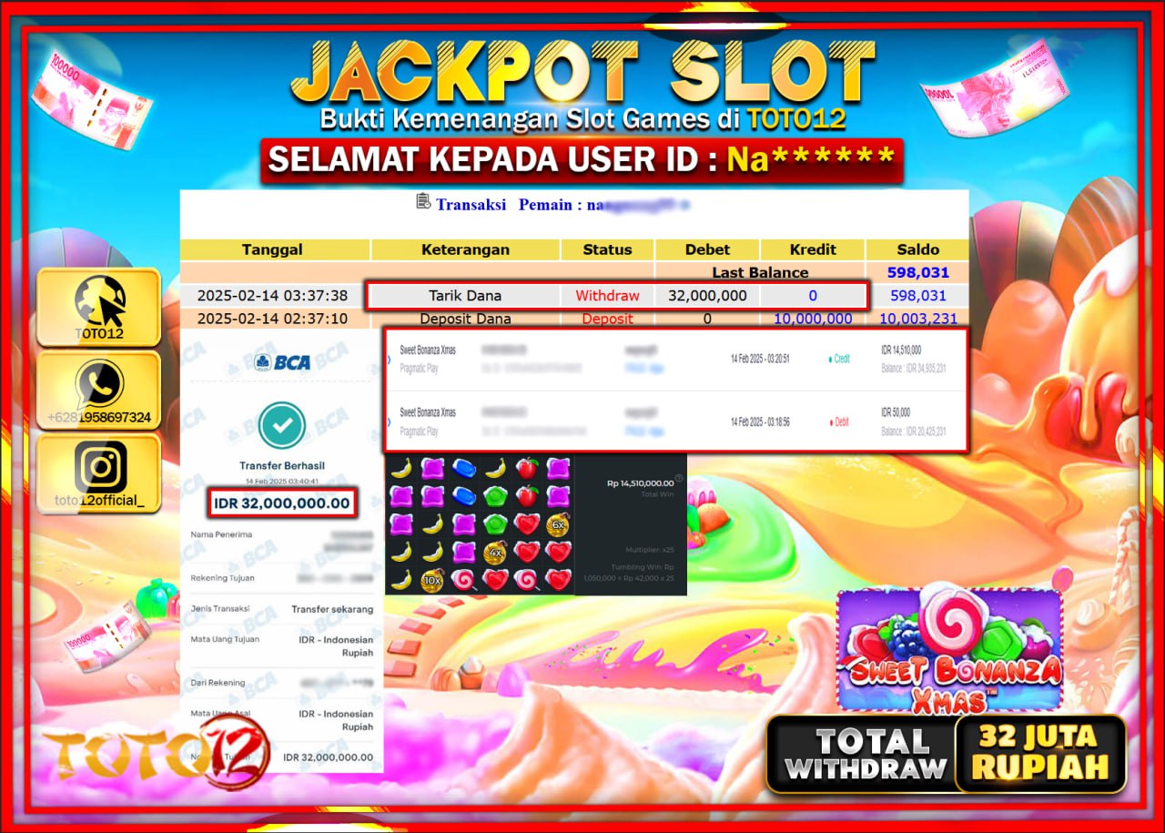 HANYA DI TOTO12 JP PASTI DI BAYAR LUNAS DAN CEPAT!!!!!! JACKPOT SLOT GAME (SWEET BONANZA XMAS) Rp.32.000.000 !!!!