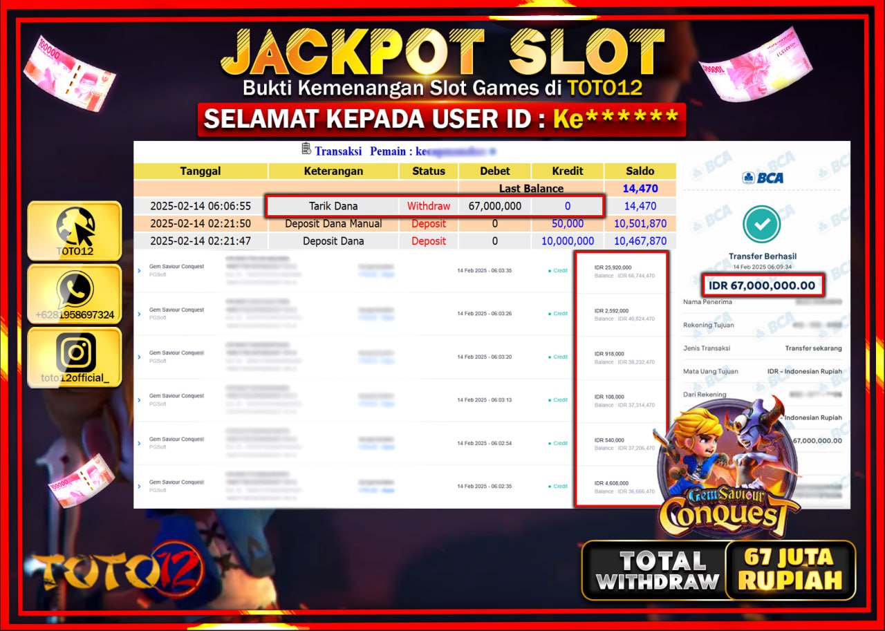 HANYA DI TOTO12 JP PASTI DI BAYAR LUNAS DAN CEPAT!!!!!! JACKPOT SLOT GAME (GEM SAVIOUR CONQUEST) Rp.67.000.000 !!!!