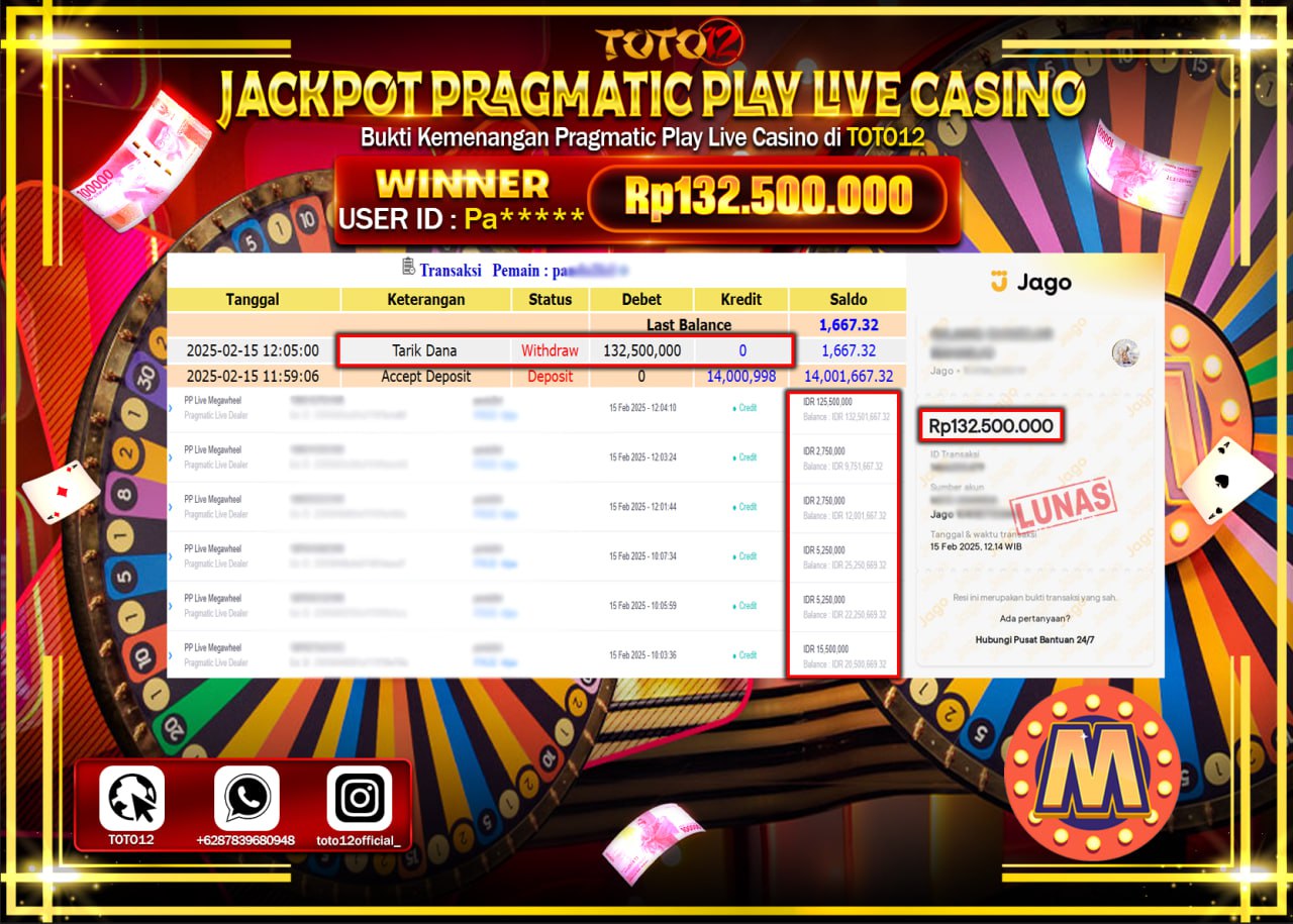 HANYA DI TOTO12 JP PASTI DI BAYAR LUNAS DAN CEPAT!!!!!! JACKPOT PRAGMATIC PLAY LIVE CASINO (MEGAWHEEL) Rp.132.500.000 !!!!